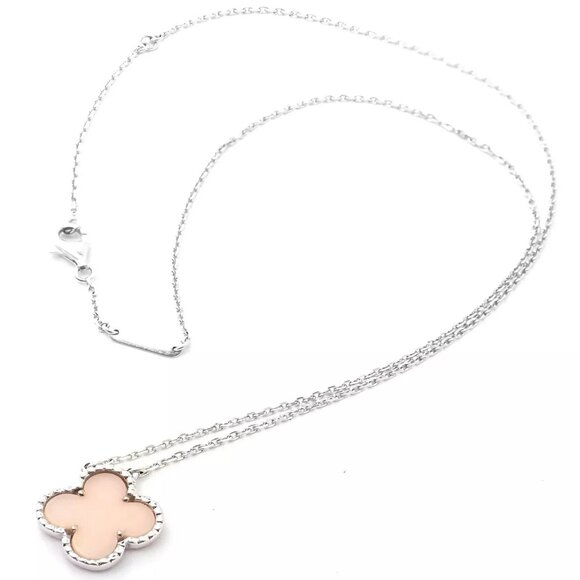 Authentic! Van Cleef & Arpels Alhambra 18k White Gold Pink Opal Pendant Necklace - Picture 5 of 7